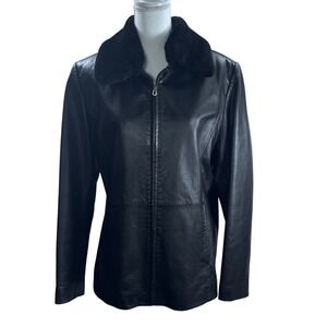 VTG Charles Klein‎ Genuine Leather Jacket Women XL Black Faux Fur Collar Zip